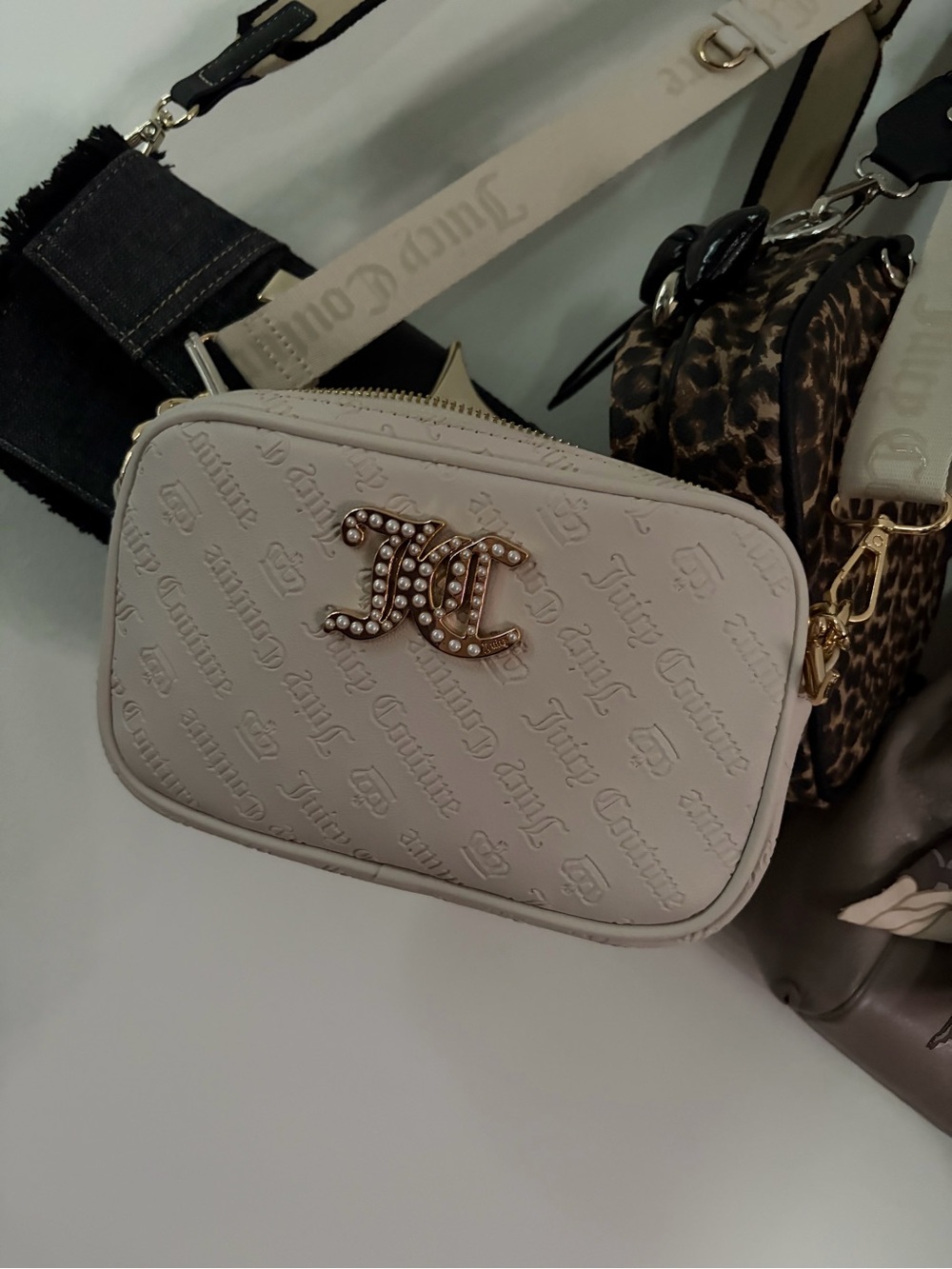Juicy Couture Cream Embossed Logo Crossbody with Crystal CC